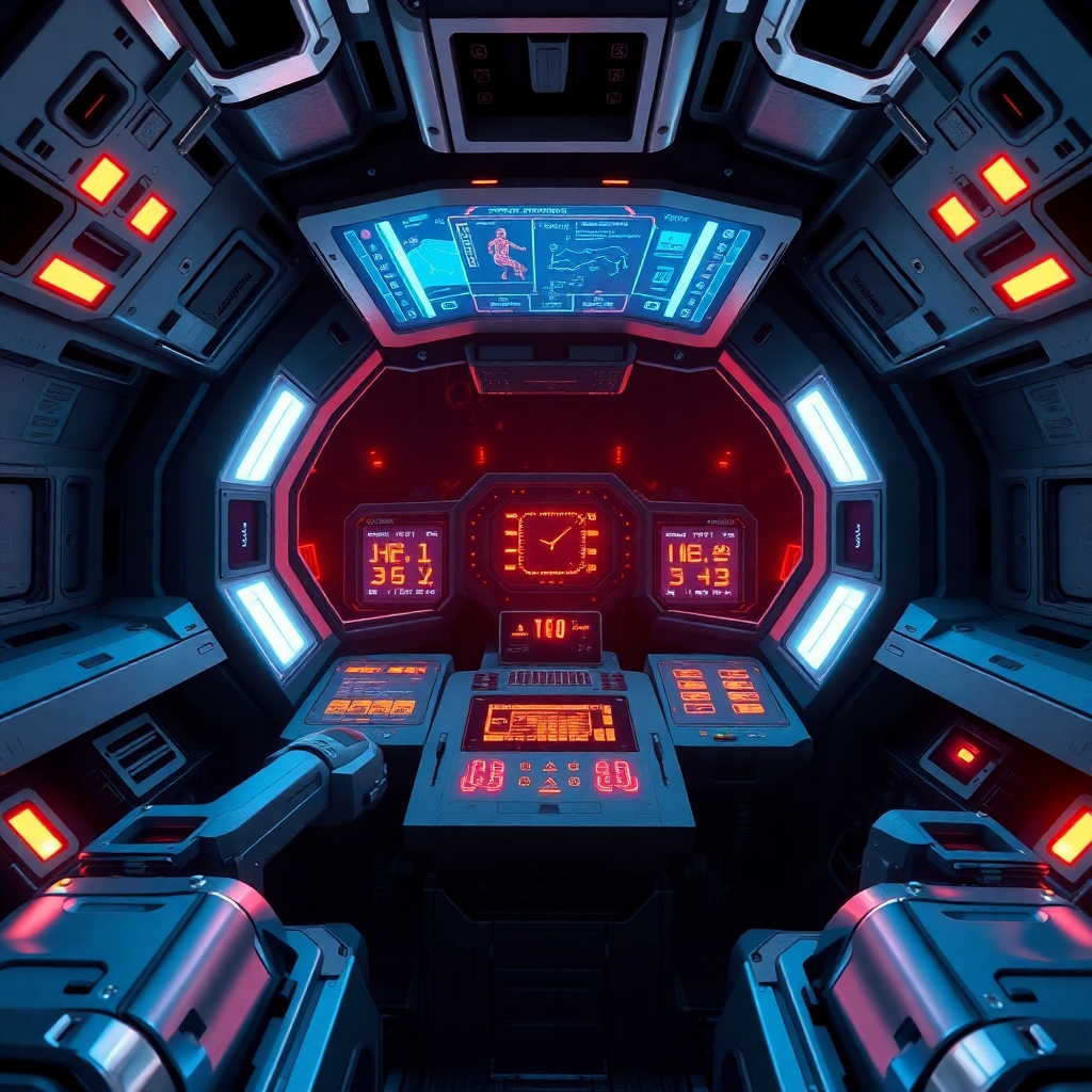 A stylized digital art depicting a futuristic cityscapes viewed from within the cockpit of a mech, showcasing both the urban environment and the mech's intricate controls, emphasizing details.