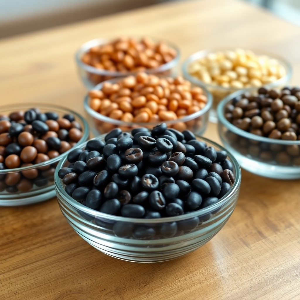 A close-up, photorealistic image of various types of beans— kidney, pinto, black, etc.— displayed in separate glass bowls on a wooden table.  Use natural lighting to highlight their textures and colors. The background should be blurred, focusing attention on the beans. The style should be clean and minimalist, evoking a sense of health and purity.