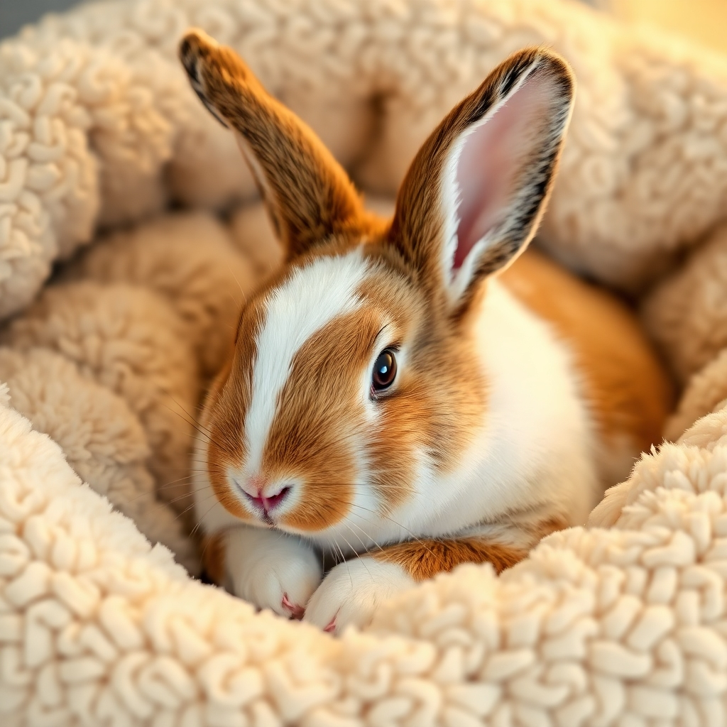 A close-up photorealistic shot of a single, healthy bunny, possibly a Holland Lop, resting comfortably in a soft, plush bed.  Highlight the rabbit's soft fur, long ears, and relaxed posture. Use soft, warm lighting to create a calming and peaceful atmosphere. The image should project a sense of comfort, health, and contentment.
