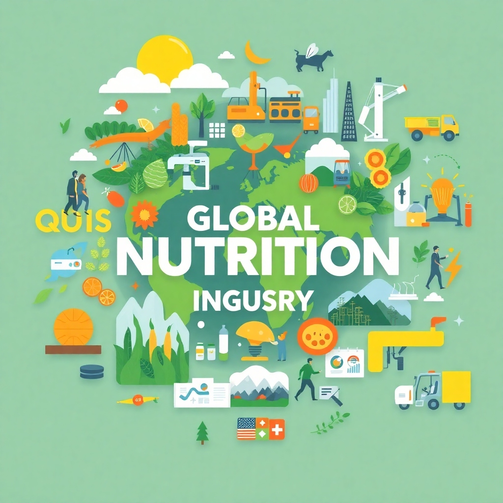 A collage of dynamic graphics and images representing various key aspects of the global nutrition industry, such as farming, manufacturing, research, and distribution. Use a modern and engaging style, incorporating bold colors and typography.  The resolution should be 8K, ensuring clarity and detail for each visual element.