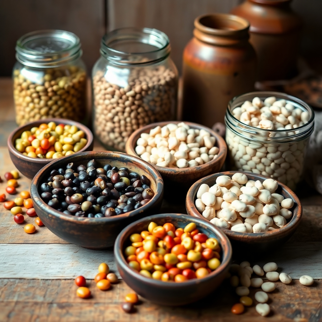 A colorful still life showcasing a variety of beans in rustic bowls and jars.  Use natural lighting and a warm color palette to showcase texture and color. The style should convey a rustic yet modern feel.
