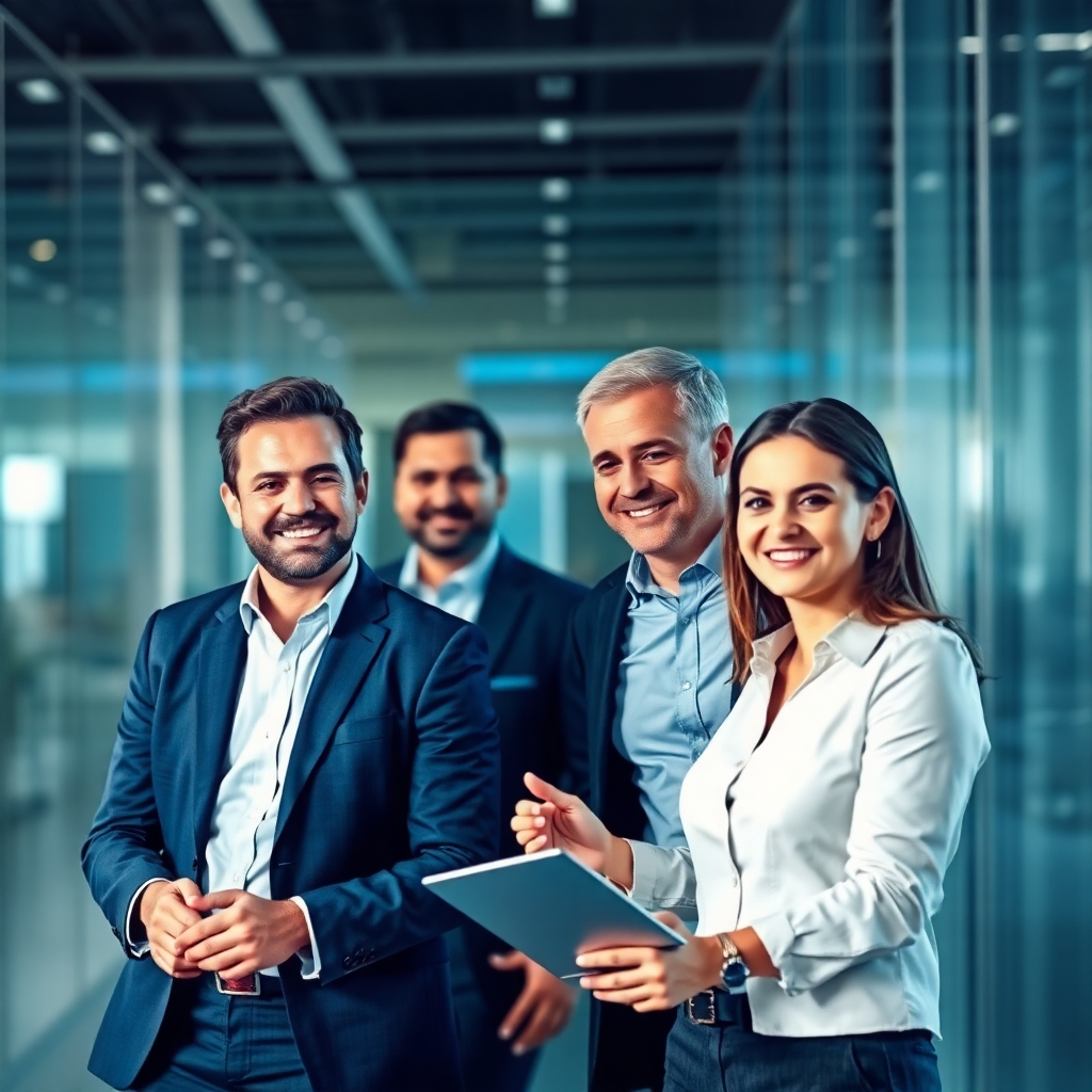 A photorealistic image depicting the Beta Export Trading leadership team working together in a dynamic setting. The image should portray a sense of energy, progress, and forward momentum. The background should convey a sense of modern business and technology.