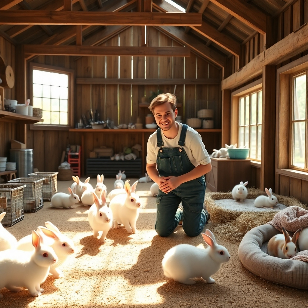 A photorealistic image depicting a charming, rustic barn converted into a bunny haven.  Sunlight streams through large windows illuminating happy, fluffy bunnies hopping around spacious enclosures.  A friendly, smiling individual in overalls is gently interacting with a bunny, showcasing a warm and caring environment.  In the background, neatly organized supplies and comfortable bunny resting areas are subtly visible. The overall aesthetic should be clean, bright, and inviting, emphasizing the care and comfort provided to the bunnies. Include details like fresh hay, water bowls, and cozy bedding. The image should evoke a feeling of serenity and joyful bunny companionship.