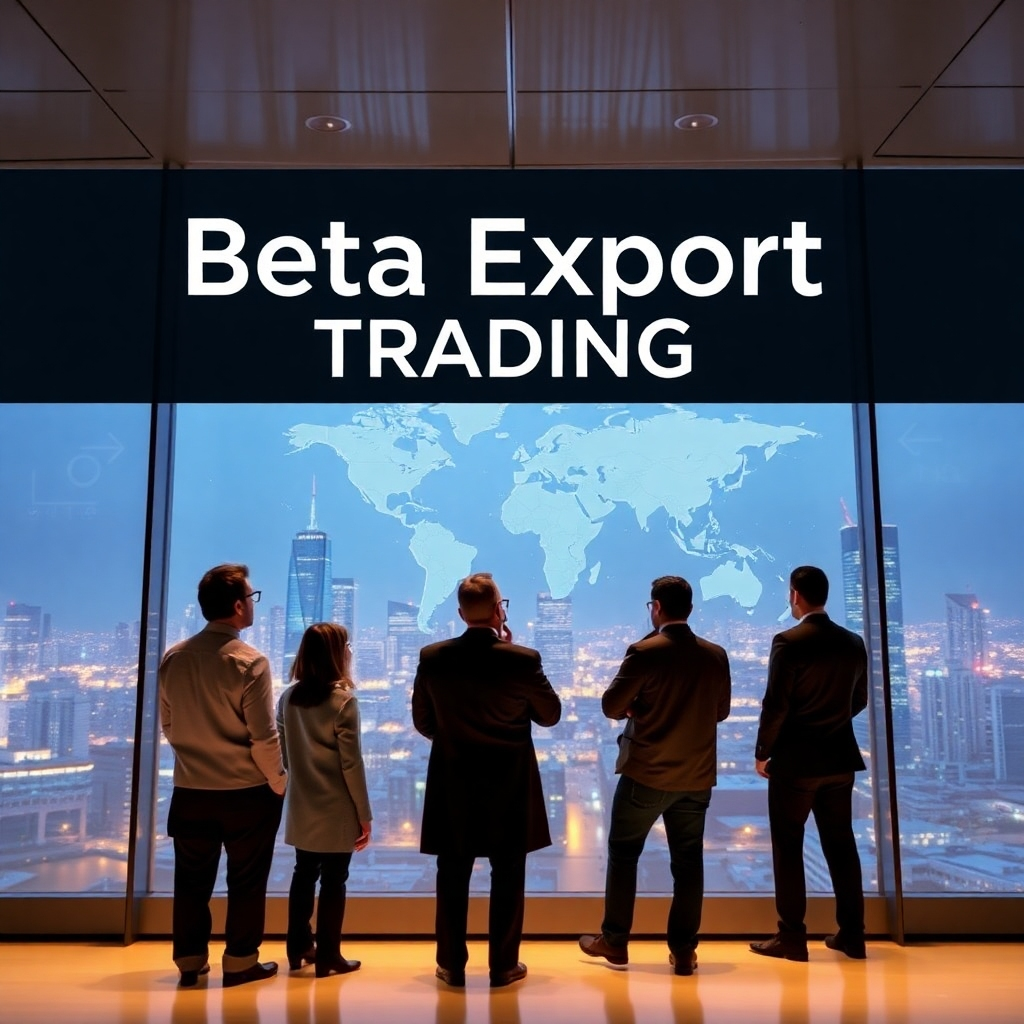 A photorealistic image depicting the Beta Export Trading leadership team in a thoughtful setting, perhaps looking at a city skyline or a strategic map. The image should subtly convey the team's forward-thinking approach and long-term vision.