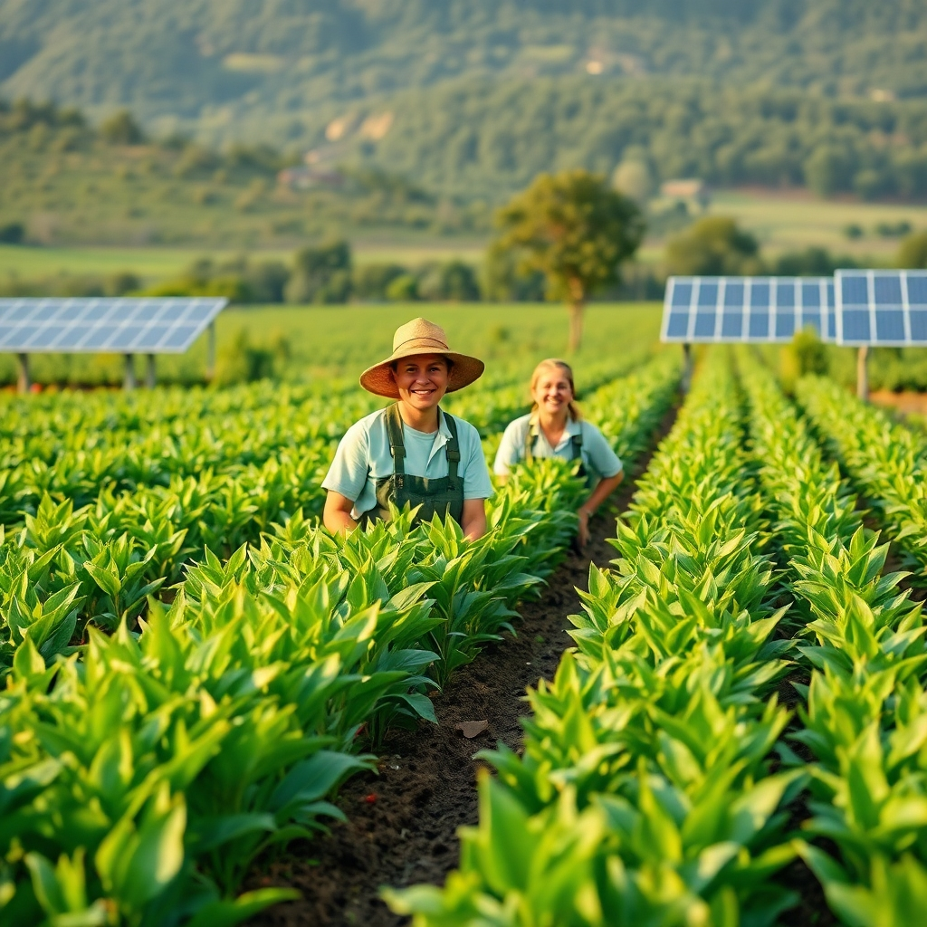 A photorealistic image depicting BET's sustainable farming practices. Show lush green fields, solar panels, and happy workers.  Use warm lighting and earth tones to emphasize nature and sustainability.  The style should be similar to National Geographic photography, emphasizing the beauty of nature and human collaboration.  The resolution should be 8K, with hyperrealistic detail showing textures of soil and leaves.