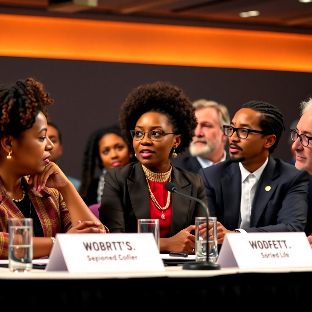 A photorealistic image of a panel of diverse BET experts discussing important topics in a conference setting. Use professional lighting to capture the speakers' expressions and convey expertise. The resolution should be 8K, with exceptional clarity and detail in the faces of the speakers.