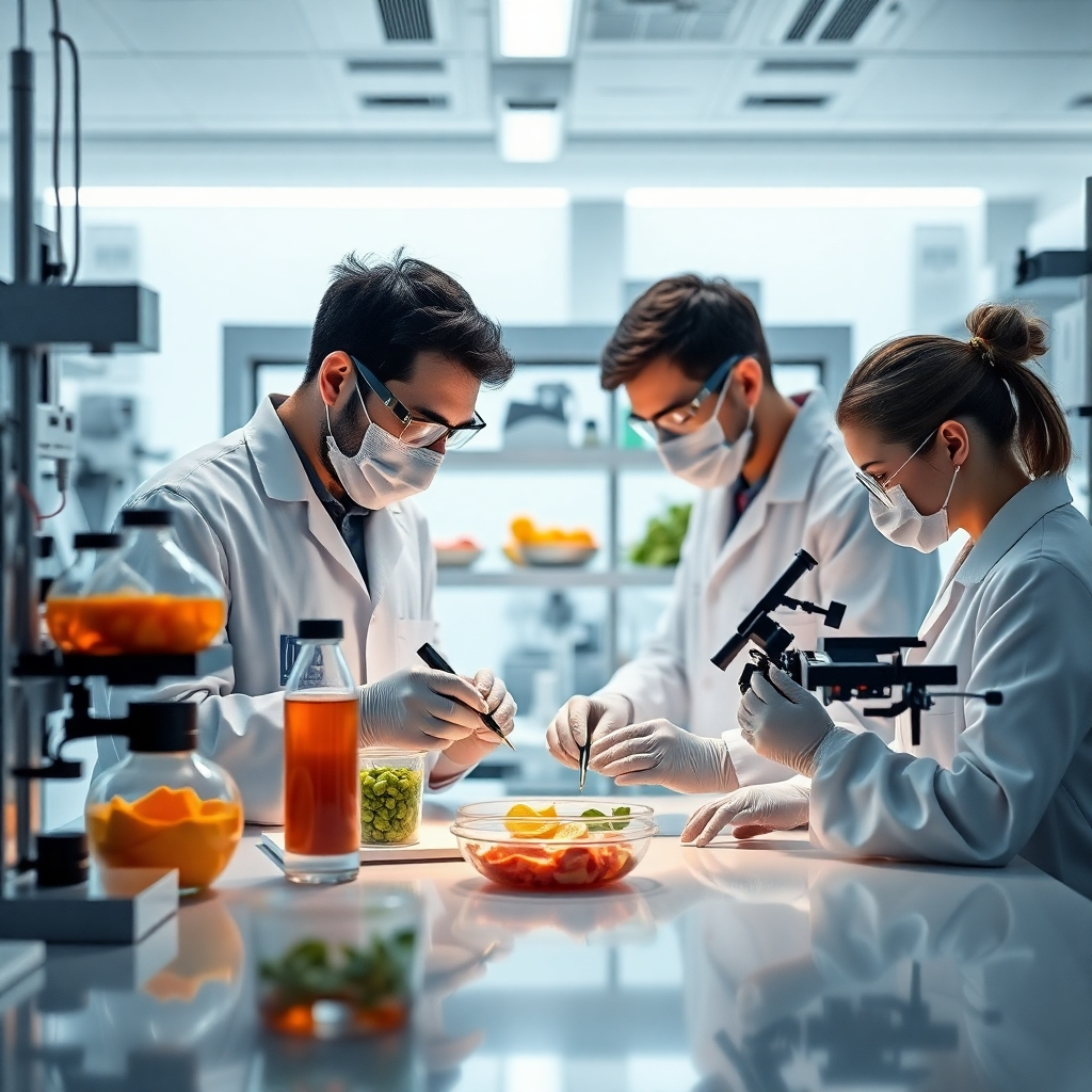 A photorealistic image of scientists working in a high-tech laboratory, focusing on nutrition research. The image should have a clean, modern feel with a focus on technological advancement in the field of nutrition.  Resolution should be 8K, with hyperrealistic details visible in the laboratory equipment.