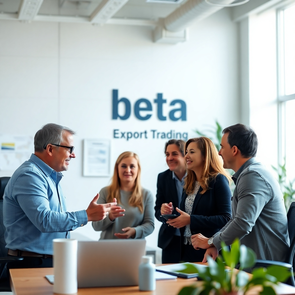 A photorealistic image of the Beta Export Trading leadership team interacting in their workplace. The image should reflect the company's values and culture. The environment should feel open and collaborative. Include subtle details that communicate the company's culture and style.  The lighting should be natural and soft, creating a welcoming atmosphere.