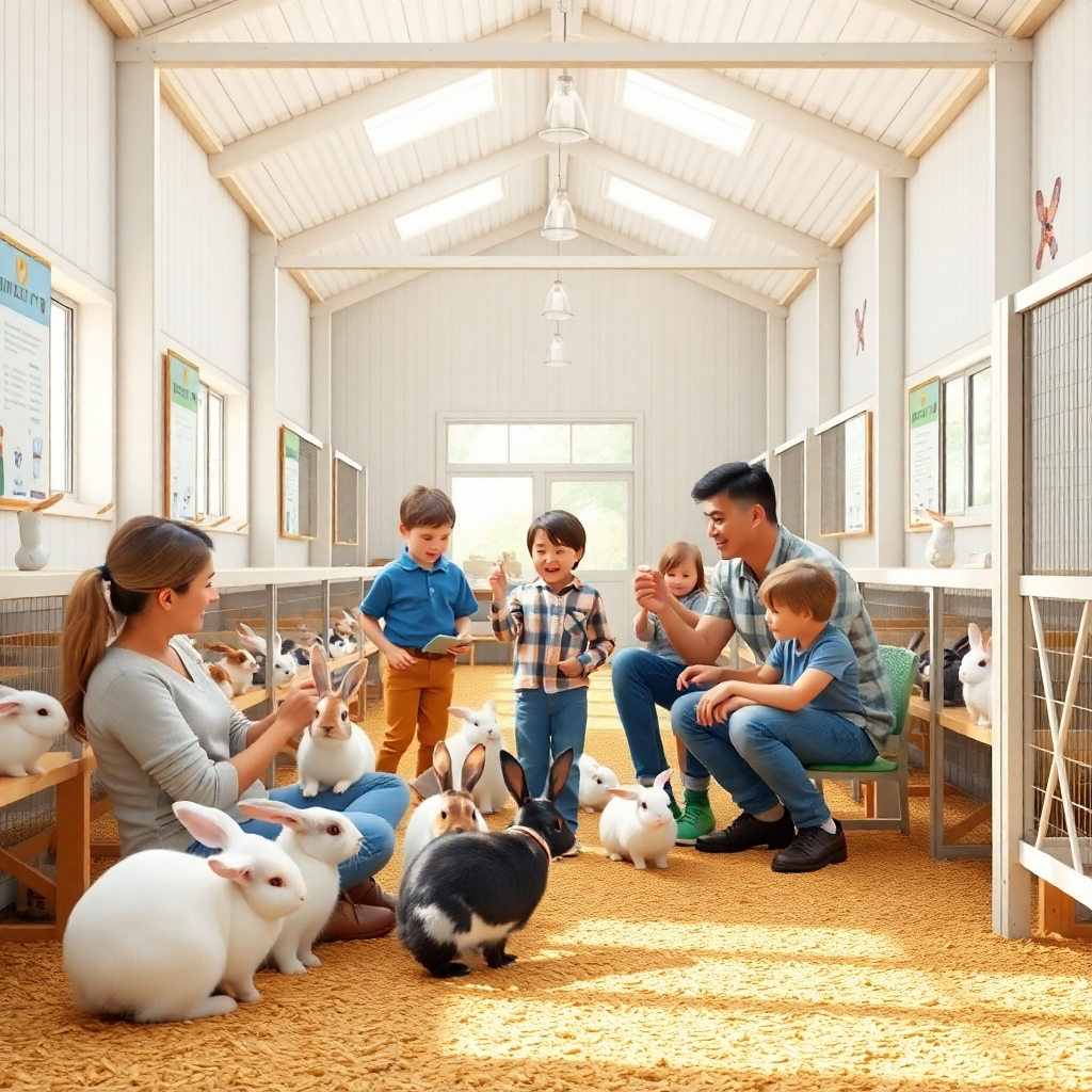 A photorealistic image showcasing a family interacting with bunnies in a clean and spacious bunny barn. The scene should be bright and inviting, with ample natural light.  Focus on positive interactions between people and bunnies, emphasizing the calm and joyful atmosphere of the haven.  Show details like comfortable seating areas for visitors, educational signage about bunny care, and a clear, organized layout of the bunny enclosures. The overall feeling should be one of trust, care, and mutual respect between humans and animals.
