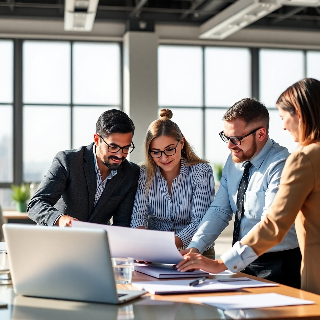 A photorealistic image showcasing the Beta Export Trading executive team working together on a project. The image should emphasize team dynamics and collaboration. The lighting should be bright and airy, enhancing the feeling of synergy and creativity.