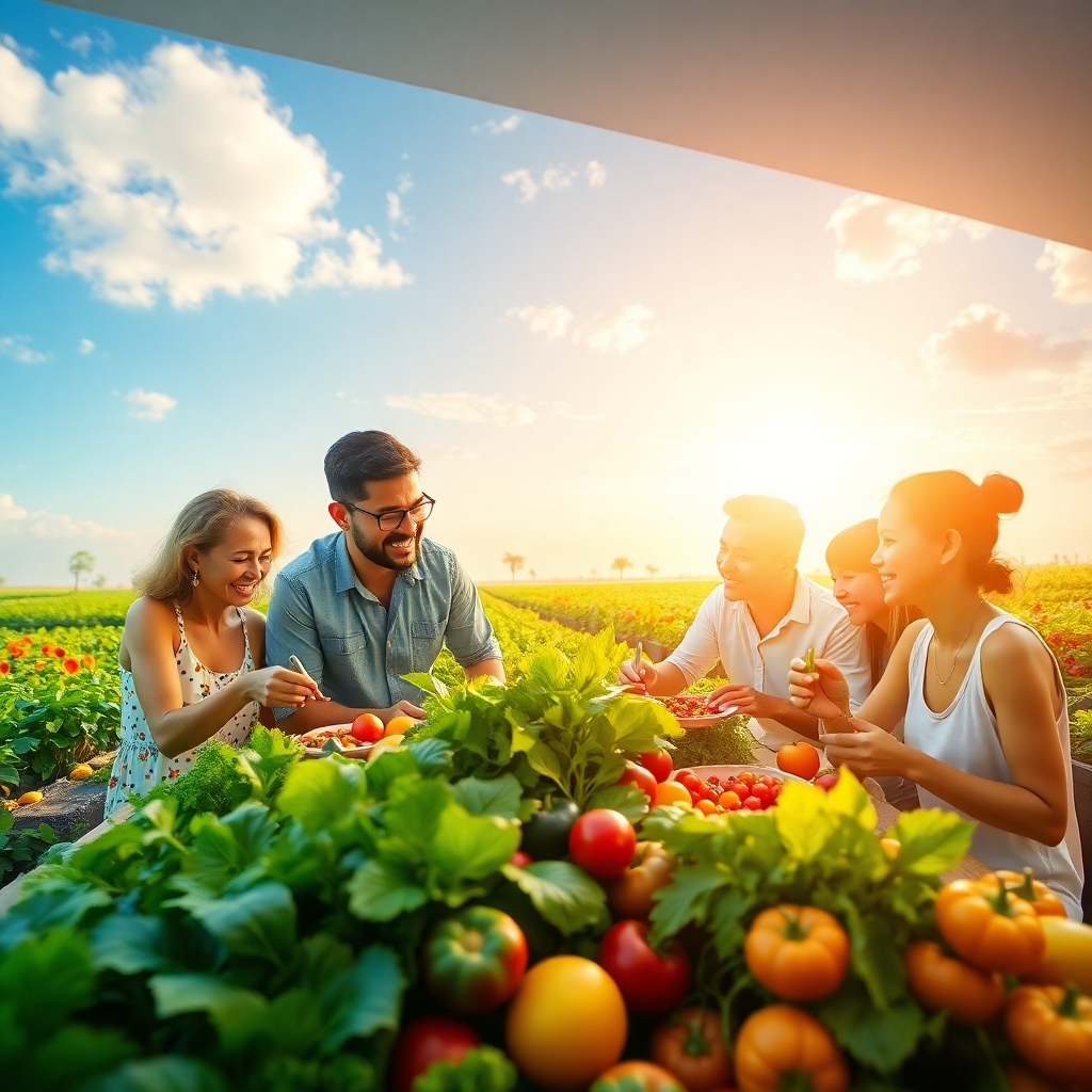A photorealistic image showcasing a vibrant, healthy future. Images could include sustainable agriculture practices, happy families enjoying healthy meals, and diverse people living healthy lifestyles. The overall mood should be optimistic and inspirational. Resolution should be 8K, with hyperrealistic details in the visuals.