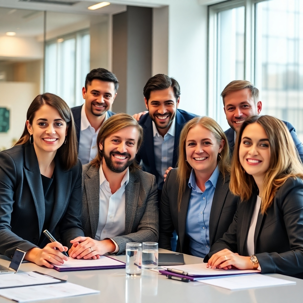 A photorealistic image showcasing the Beta Export Trading leadership team in a dynamic setting.  The composition should emphasize teamwork and collaboration, such as a meeting or brainstorming session.  Focus on natural expressions and interactions. The lighting should be bright and energetic, conveying a sense of action and progress. The style should reflect contemporary business leadership photography.