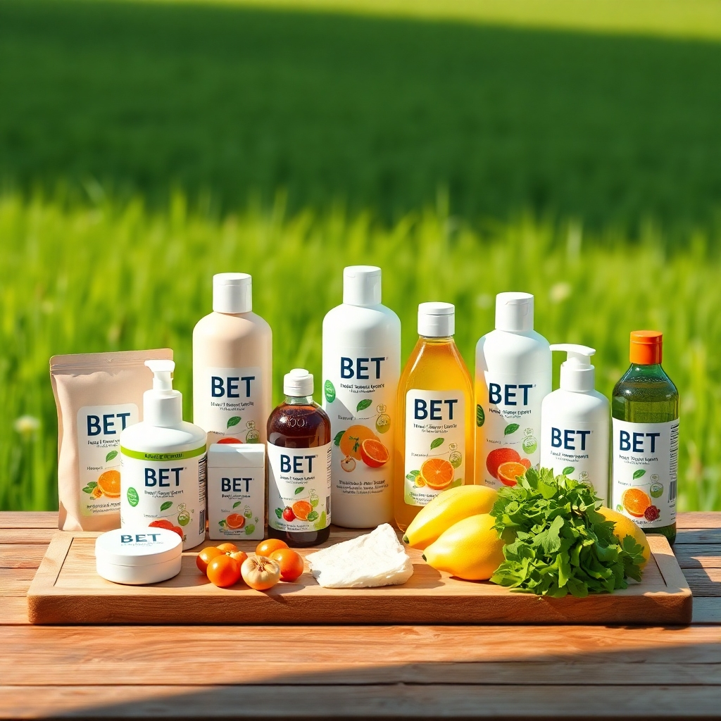 A photorealistic image showcasing a variety of BET products arranged aesthetically on a wooden table against a backdrop of a lush green field. The image should be bright and airy, conveying a sense of freshness and health. Resolution should be 8K, with hyperrealistic details showing the texture and quality of the products.
