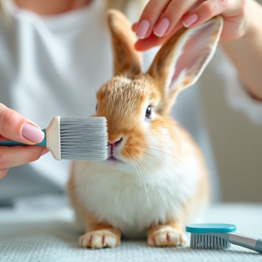 A photorealistic image showcasing a bunny getting groomed with soft brushes. The image needs to communicate cleanliness and health. Lighting should be soft and bright. The color palette should be pastel and natural. The camera angle should be close-up, highlighting the details of the grooming process. The image should focus on the gentleness and care of the grooming. Style references should be high-quality pet photography. Technical specifications: 4K, photorealistic