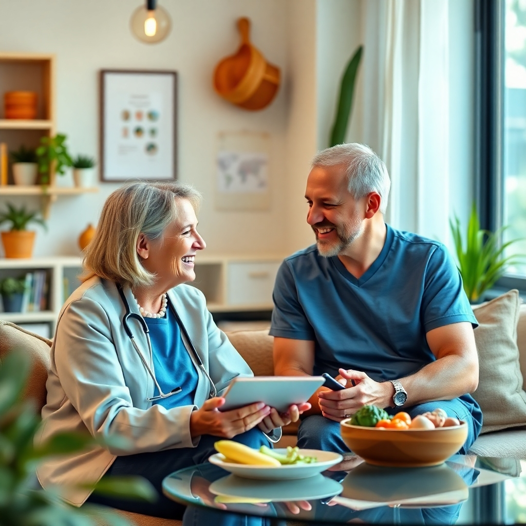 A photorealistic image showing a nutritionist consulting with a client in a friendly, comfortable setting. The image should feel warm, approachable, and professional.  Resolution should be 8K, showing details in the environment and people's expressions.
