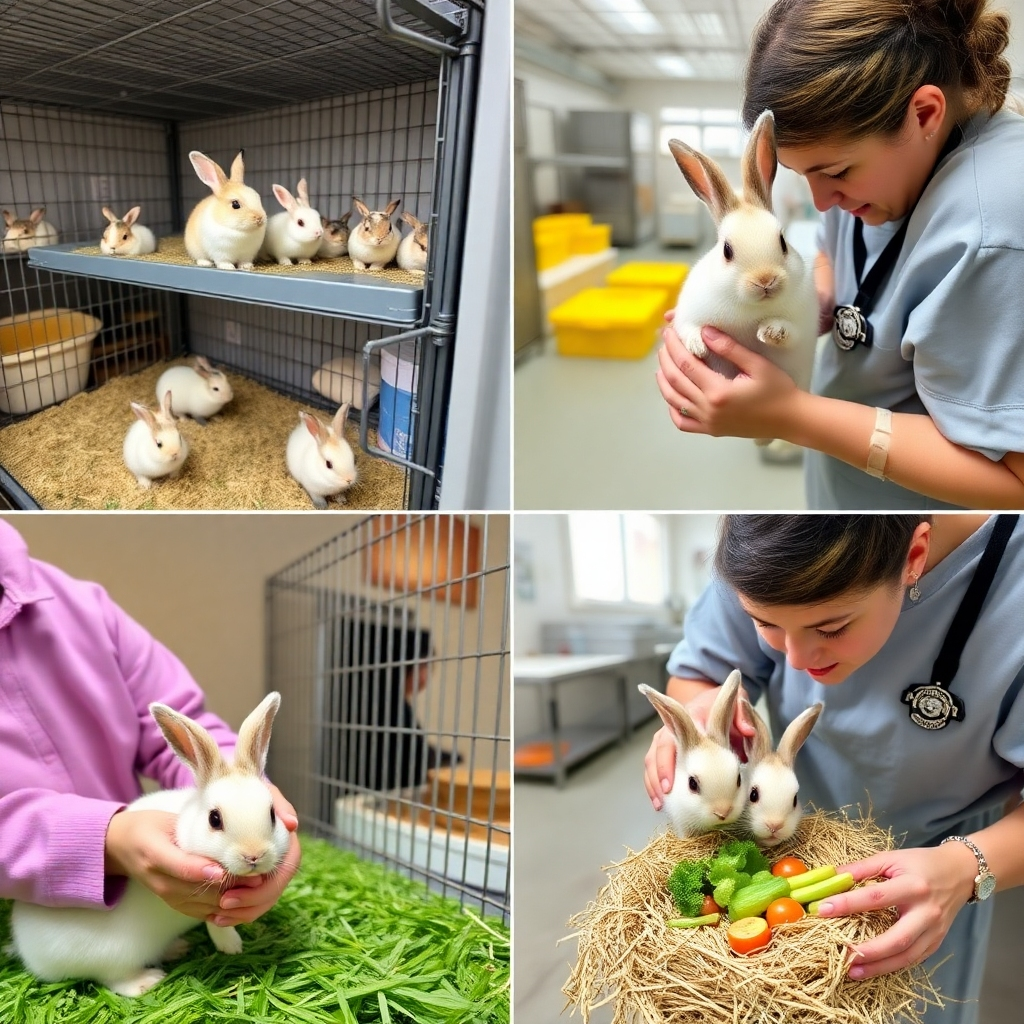 A series of images showing the daily routines at Bunny Haven: bunnies enjoying spacious, clean cages; getting gentle handling and checkups from a caring staff member; and happily eating fresh hay and vegetables. The images should be bright, cheerful, and highlight the clean, organized, and loving environment. The focus should be on showing how much the bunnies are cared for. Technical specs: 8K resolution, hyperrealistic.