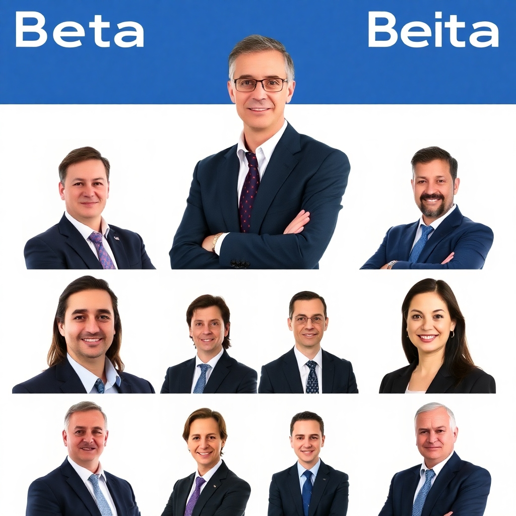 A series of individual portraits of the Beta Export Trading executive team.  Each portrait should have a consistent style and background, while subtly reflecting each leader's personality and area of expertise.  The images should be high-resolution and suitable for professional use.