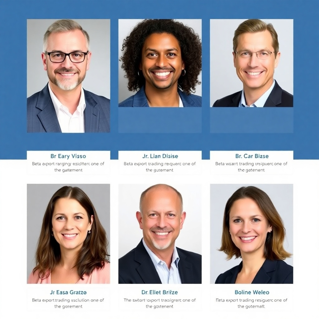 A series of professional headshots of the Beta Export Trading executive team, each with a short bio highlighting their achievements and contributions to the company.  The images should be high-quality and consistent in style. The overall look should be clean and modern.