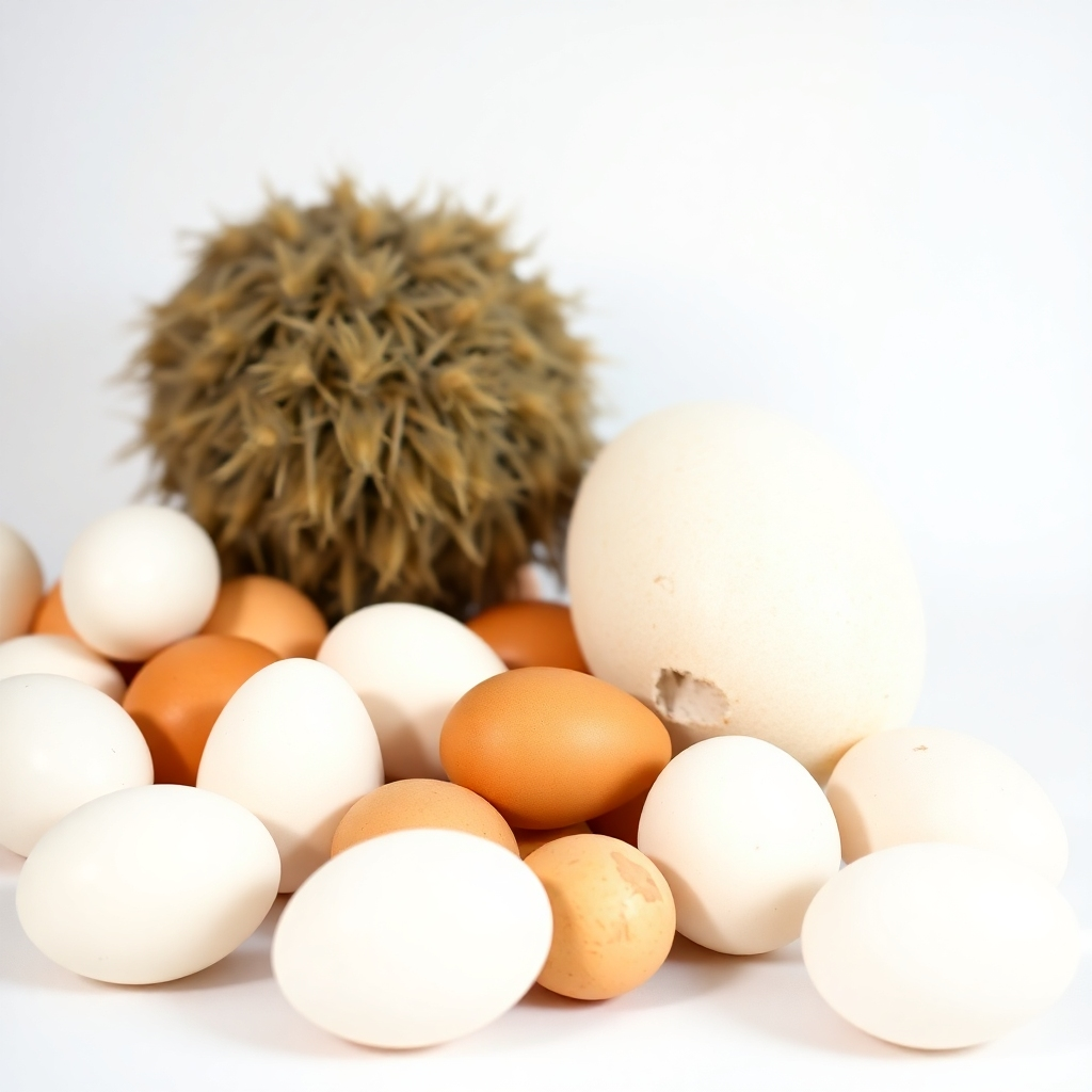 A studio shot displaying both white and brown chicken eggs alongside a few large ostrich eggs.  Use soft, natural lighting to create a warm and inviting mood.  Focus on the texture of the eggshells.  The background should be minimally distracting, such as a simple white or light gray backdrop.