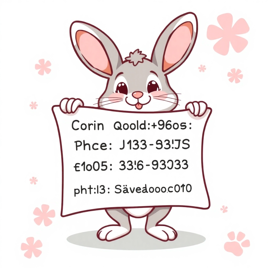 A stylized illustration featuring a cute bunny holding a scroll with contact details (phone number, email address, and website URL).  The background can be a soft pastel color with whimsical elements like flower accents and bunny paw prints. The overall style should be playful yet professional, inviting viewers to contact the business for information and support.  The design should be visually appealing and easily readable. The bunny should be cartoonish and cute, representing the friendly and approachable nature of the business.