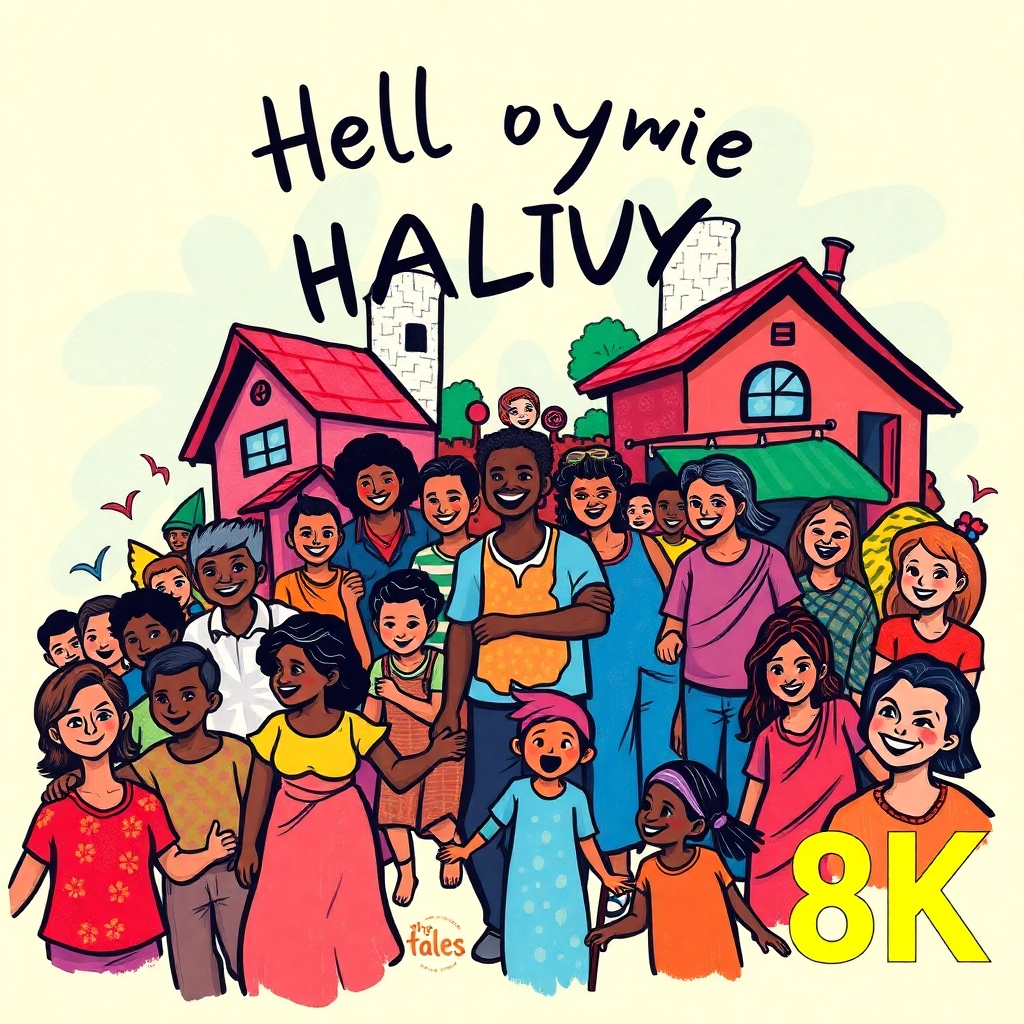 A stylized image, potentially a painting or digital artwork, depicting a thriving community where people are healthy and happy, possibly shown through vibrant colors and dynamic composition. The overall message should convey well-being and community spirit.  The resolution should be 8K, with great detail in the artistic style.