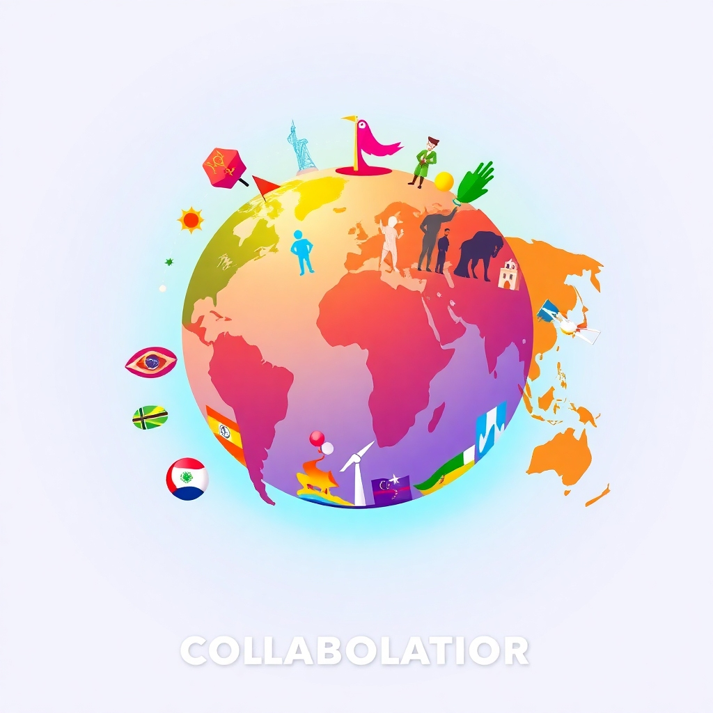 A stylized image representing global collaboration, using vibrant colors and diverse cultural symbols. The image should have a sleek and modern feel, possibly using graphic design elements to represent different countries and organizations working together. The style could be inspired by international design trends, conveying a message of unity and global impact. Resolution should be 8K, with sharp and clean lines.