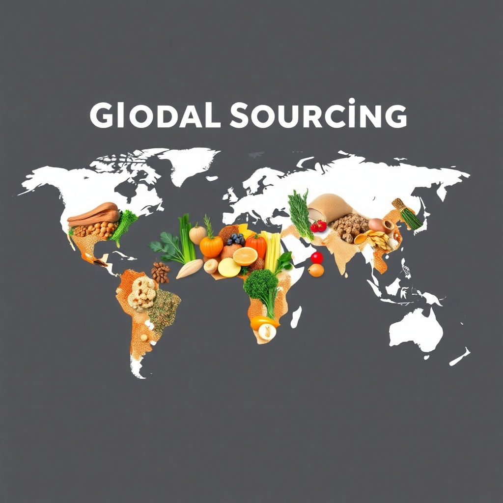 A stylized image that represents global sourcing. A world map could be overlaid with images of various nutritious ingredients, or a collage of diverse products from different regions. The style should be modern, clean, and visually appealing.  Resolution should be 8K, ensuring clarity and vibrancy in the details.