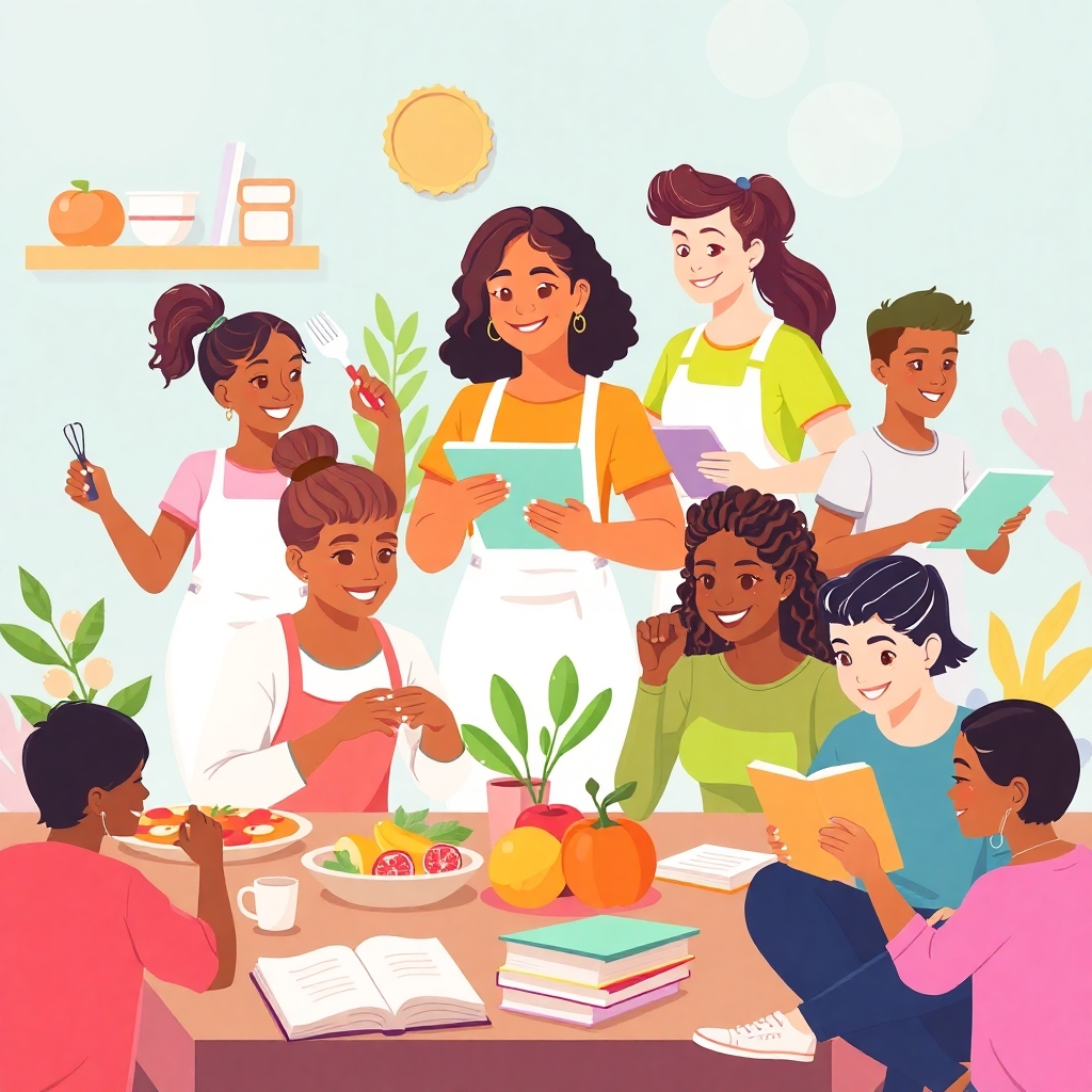 A stylized image that shows diverse people engaged in various healthy activities, such as cooking, exercising, and learning, with educational materials such as books and tablets visible within the scene. The scene should be energetic, visually appealing, and focus on healthy living. Resolution should be 8K.