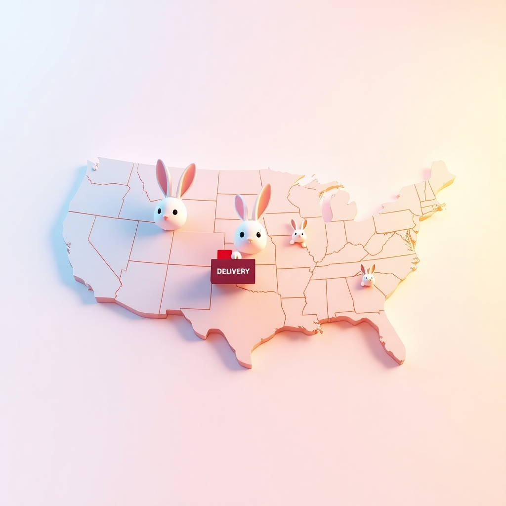 A stylized map of the USA with bunny icons representing delivery locations. The map should be bright and visually appealing. The style is modern and sophisticated, conveying the scope and reliability of the delivery service. Lighting should have a clean, crisp look. The color palette should be vibrant, conveying energy and excitement. The camera angle is straight-on. Texture details are minimal, focusing on the clarity of the map and the bunny delivery locations.  Technical specifications: high-resolution (4K), stylized