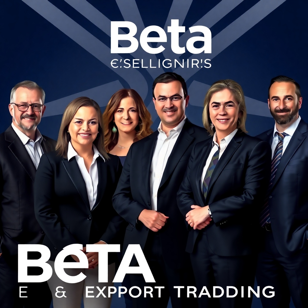 A stylized photorealistic group portrait of the Beta Export Trading executive team.  The image should evoke a sense of unity and collaboration.  Each person should be clearly visible with their name subtly incorporated into the composition.  The background could be a stylized representation of the company's branding or a relevant abstract motif.