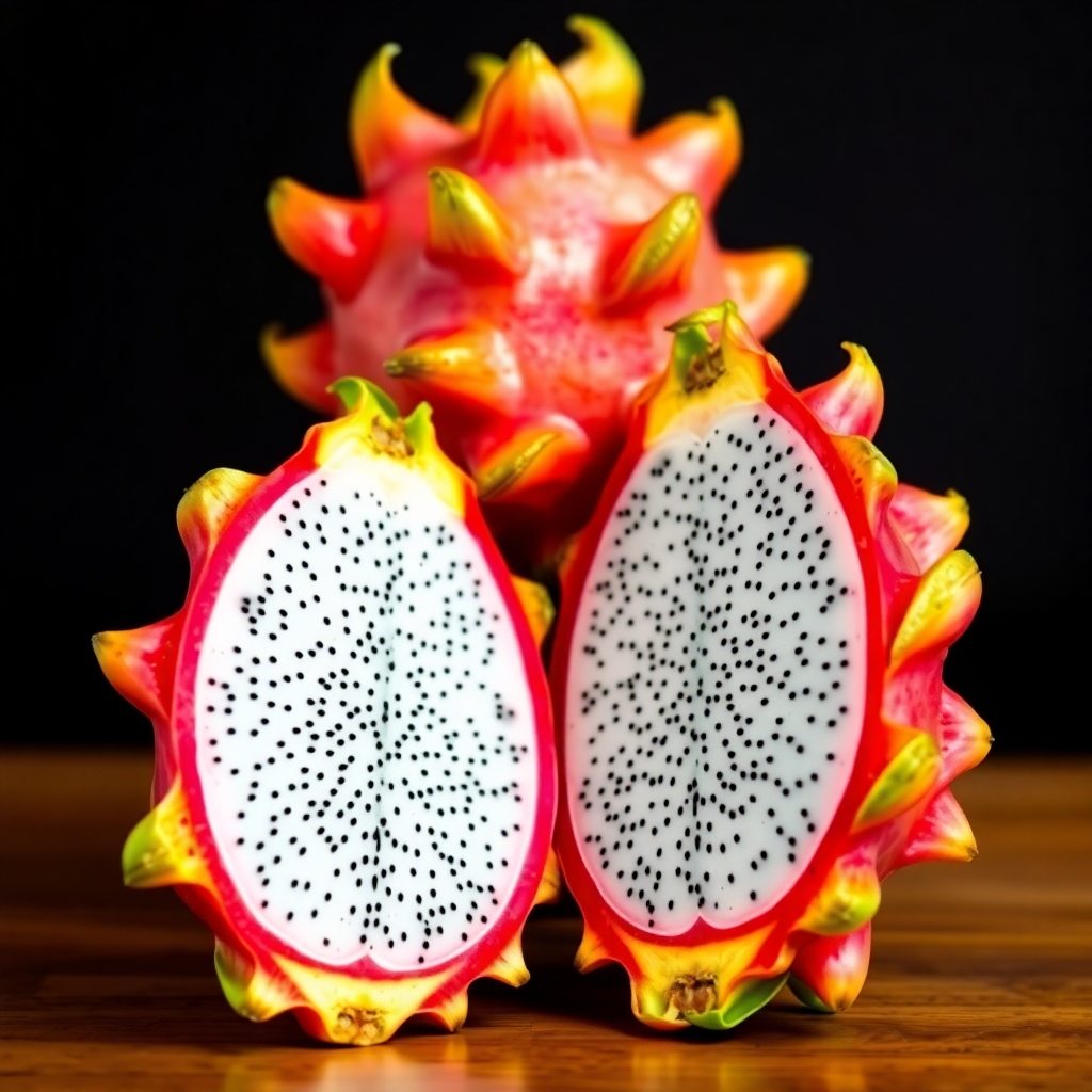A vibrant and colorful image of a dragon fruit cut in half, revealing the inside. Use high-resolution and attention to detail.  The style should convey the exotic nature of this fruit.