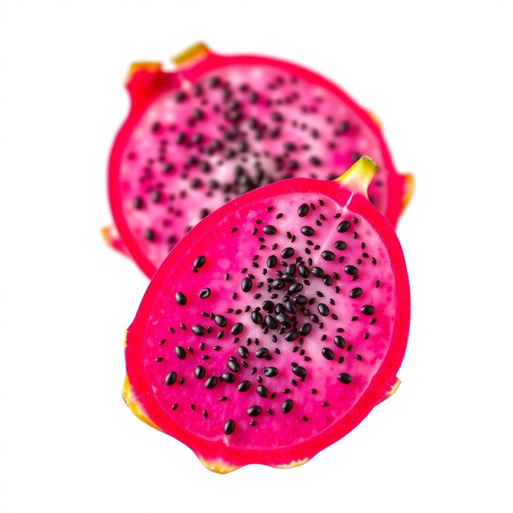 A vibrant, close-up shot of a halved dragon fruit, revealing its vibrant pink flesh and tiny black seeds. Use sharp focus and studio-like lighting to emphasize the texture and color.  The background should be a simple, neutral color. The style should be sleek and modern.