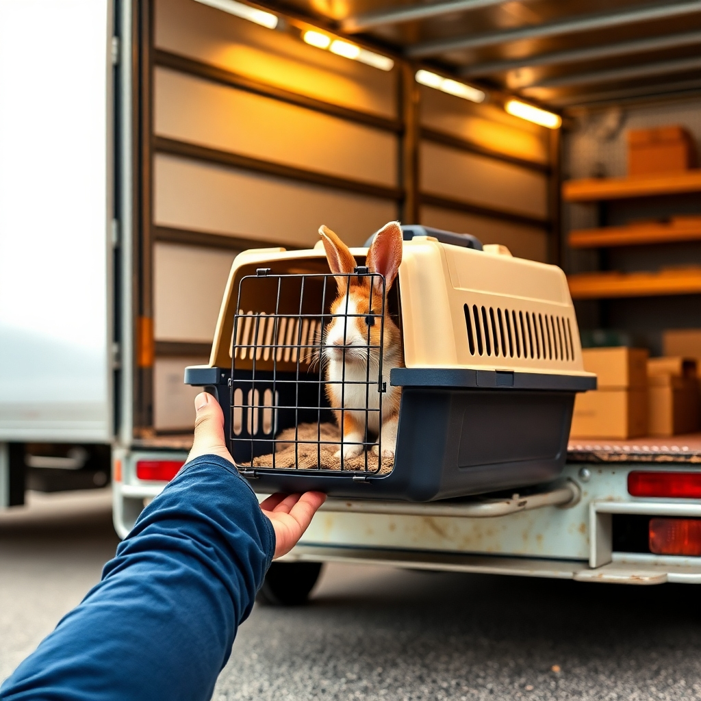 An image depicting a secure and comfortable bunny carrier being loaded onto a delivery truck.  The image needs to convey professionalism, reliability and safety. Focus on the bunny carrier's secure design and the overall careful handling process. The color palette should consist of earth tones, reinforcing the care and safety concept. Lighting conditions should be well-lit and highlight all the details of the transportation method.  Technical specifications: high-resolution (4K), photorealistic
