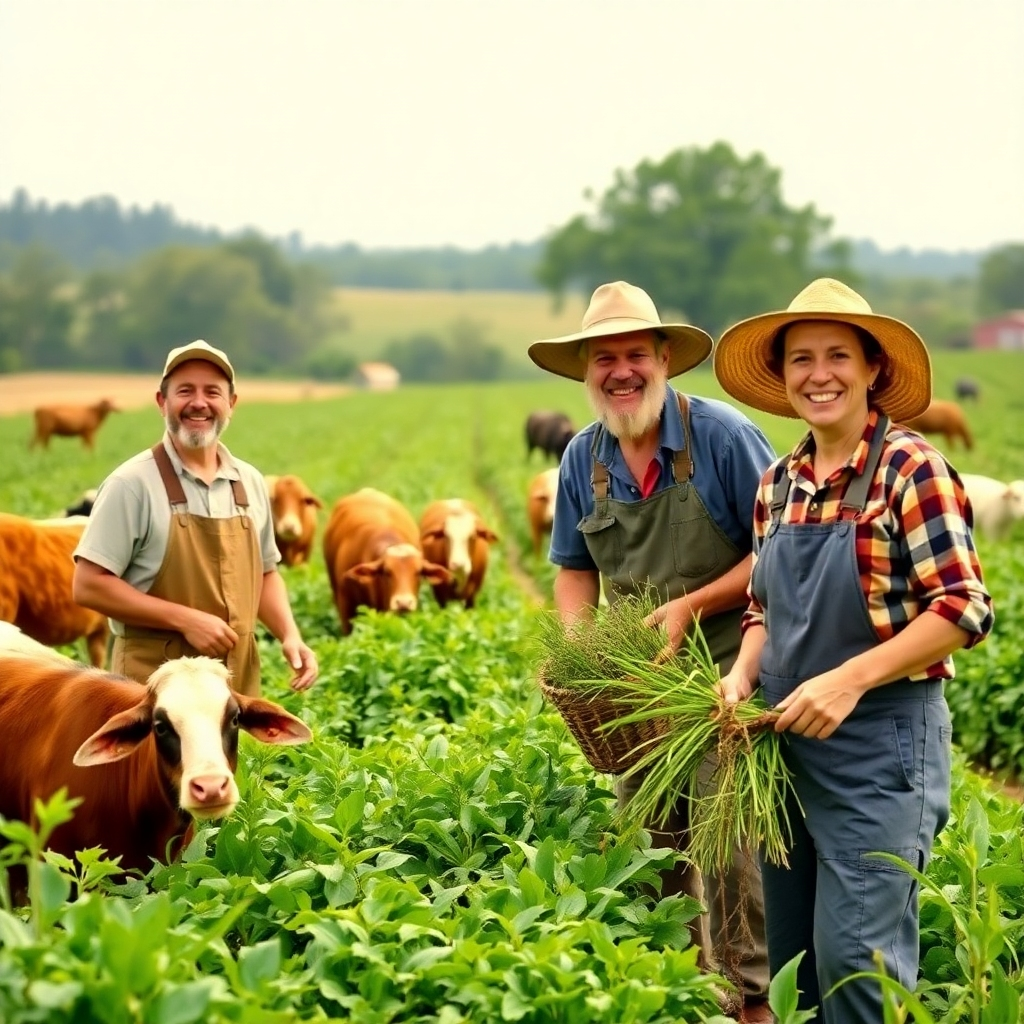 An image depicting happy farmers working in a field or farm setting, surrounded by lush greenery and animals. Use natural lighting and a warm color palette.  The style should convey a sense of community and responsible farming practices.