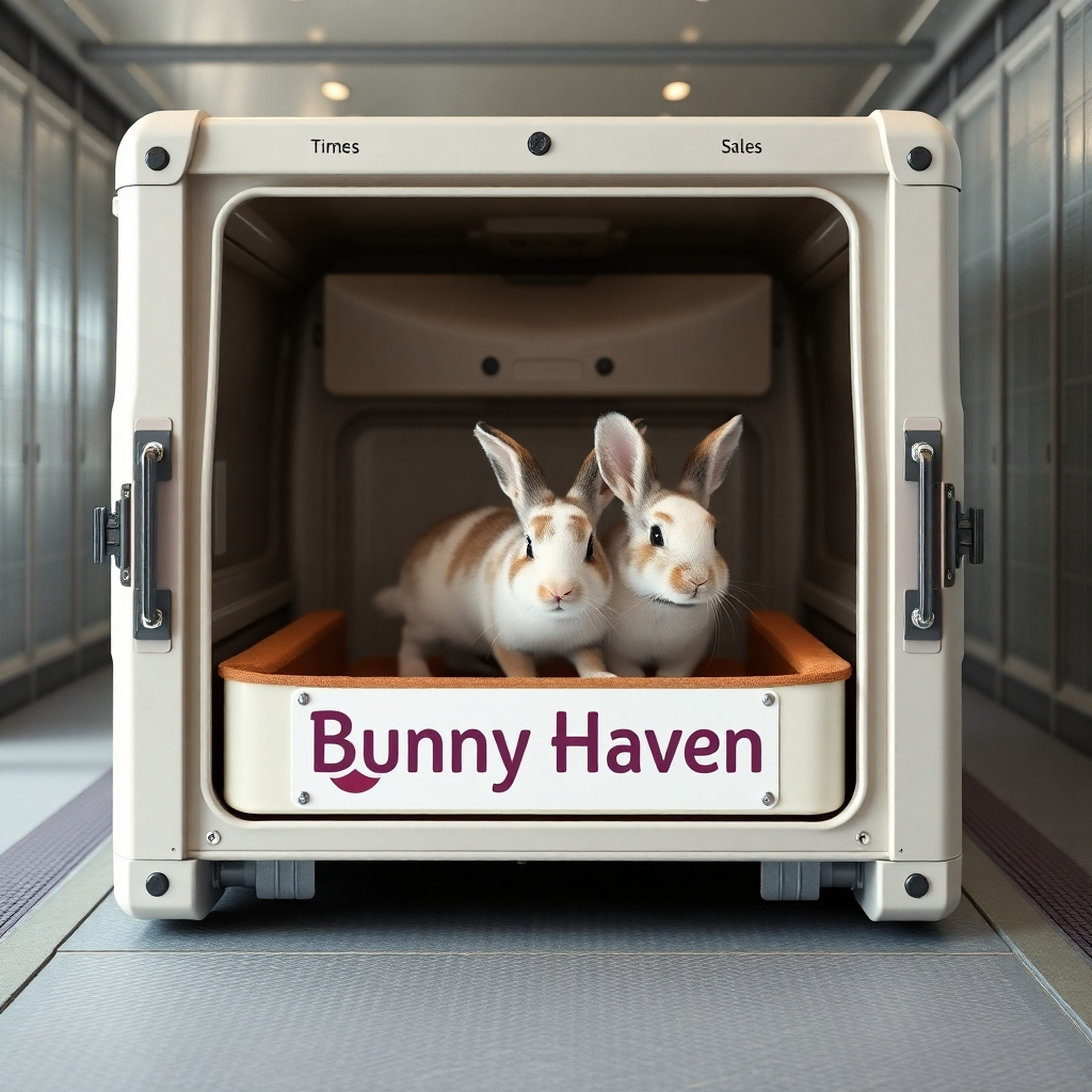 An image of a secure, climate-controlled transport container designed for safely shipping bunnies. The container should be clearly labeled with the Bunny Haven logo and include appropriate safety measures. The image should evoke confidence in secure and comfortable transport. The overall aesthetic should be professional, reliable, and reassuring. Technical specs: 8K resolution, hyperrealistic.