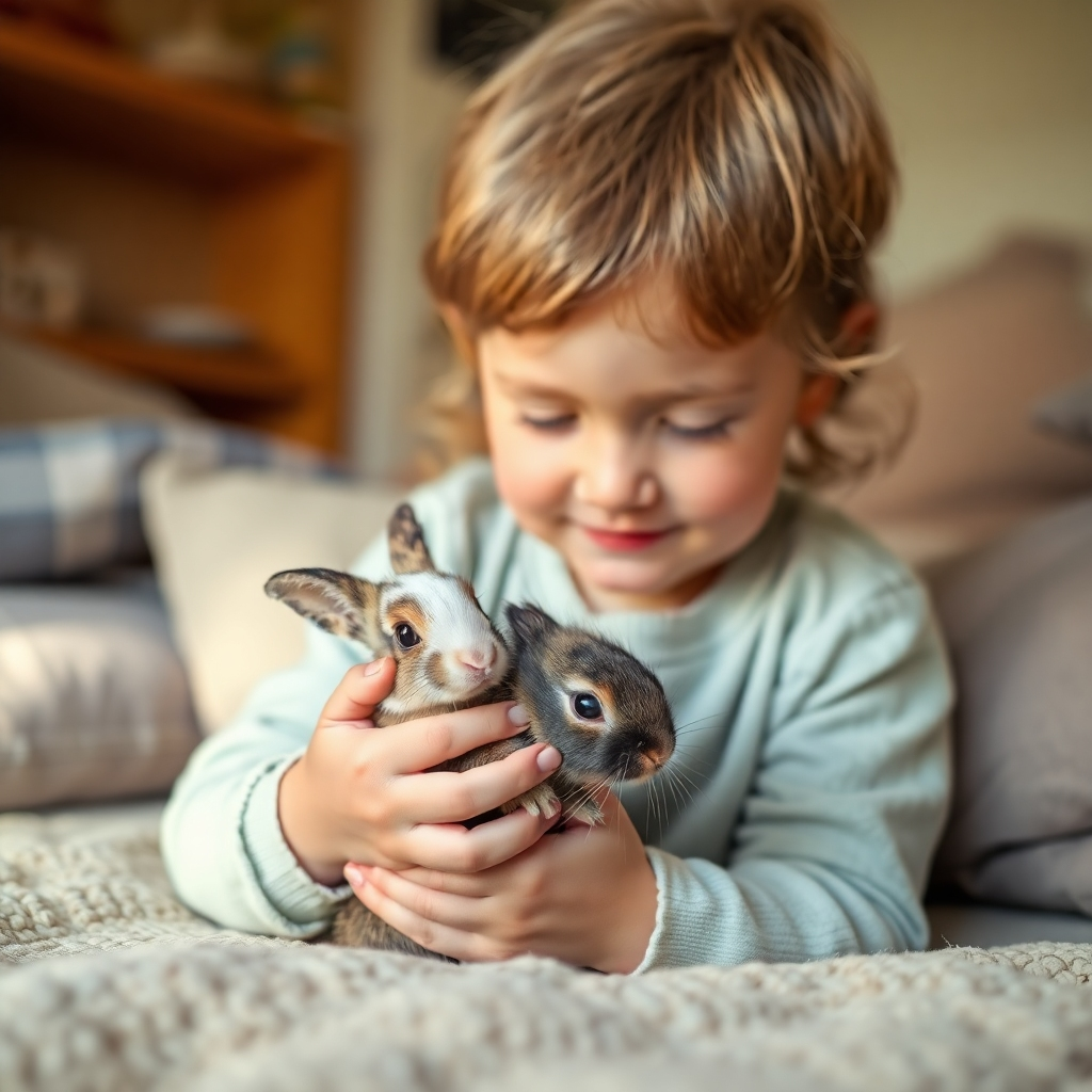 An image showcasing a child gently petting a small rabbit, emphasizing the bond between humans and animals.  The setting should be a comfortable, home-like environment.  Use soft, warm lighting to create a positive and heartwarming atmosphere.  The image should inspire feelings of love and companionship.