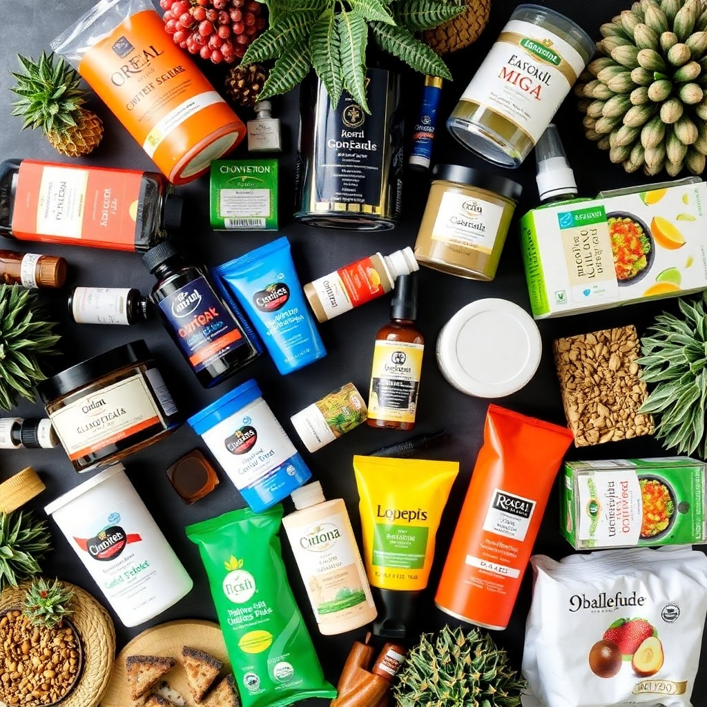 An overhead shot showcasing a variety of our products arranged artfully, creating a visually appealing display of our product variety.