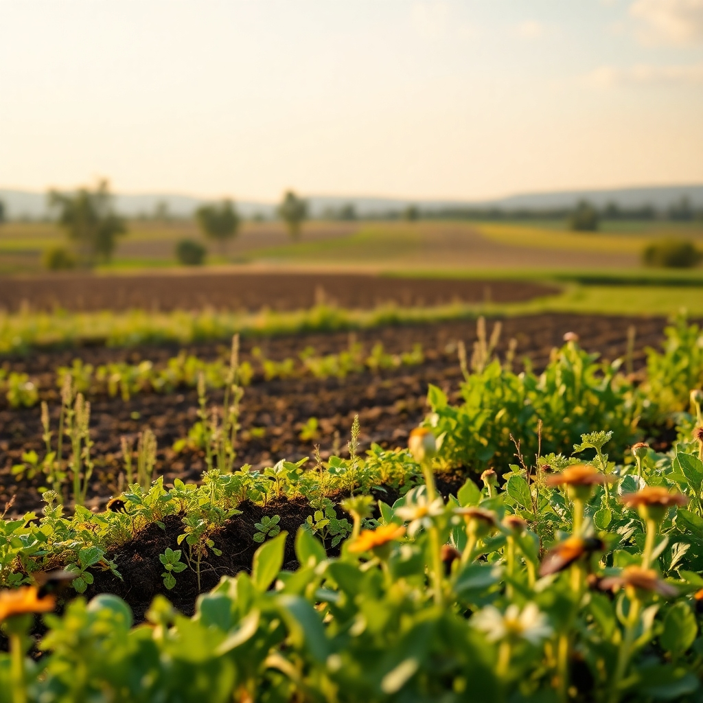 Capture a photorealistic image of a diverse landscape showcasing various sustainable agricultural practices. The lighting should be warm and inviting. The image should focus on biodiversity with healthy soil, organic crops, and pollinators.