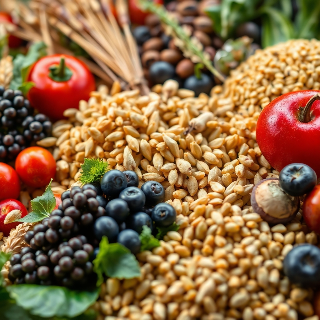 Close-up photorealistic image showcasing the diversity of the products we export: grains, fruits, vegetables, etc.  Use high-contrast lighting and a sharp focus to highlight the rich colors and textures.  Aim for 4K resolution, with a style that is clean and professional.  The overall impression should be one of abundance, quality, and freshness. Include subtle branding elements.