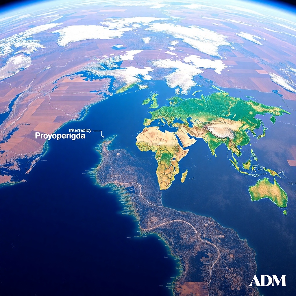 Create a stylized image combining satellite imagery of vast farmlands with a map detailing global supply chains. Use a color palette mirroring the visual identity of ADM, showing a seamless integration of technology and global operations.