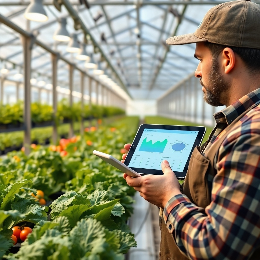 Generate a photorealistic image of a farmer using a tablet in a modern greenhouse, monitoring environmental conditions and crop growth. Use bright, even lighting, focusing on the detail of the high-tech equipment and data displayed on the tablet. Include a diverse array of healthy crops.