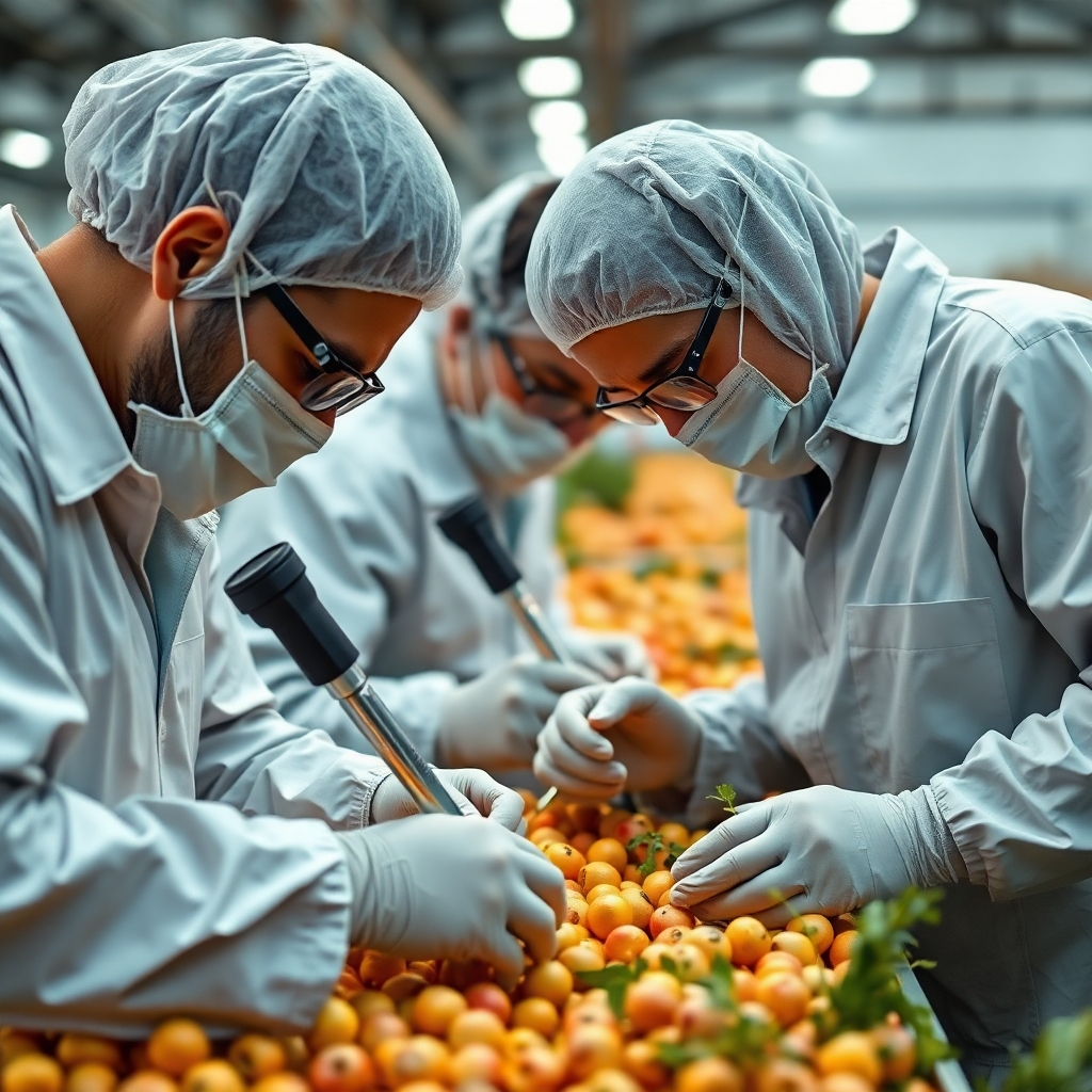 Photorealistic close-up image showing a team of professionals conducting quality checks on agricultural products, with an emphasis on precision, accuracy and attention to detail. The image should communicate the company’s focus on quality control. Aim for 4K resolution, emphasizing precision and attention to detail.