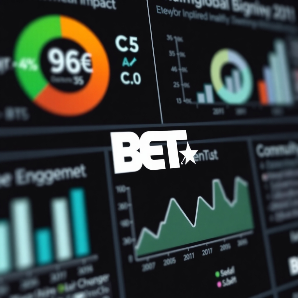 Photorealistic close-up shots of informative charts and graphs, showing positive progress in key areas like environmental impact, health improvements, and community engagement. Use a clean, professional design with a focus on data visualization. Incorporate the BET logo subtly within the presentation, highlighting its role in positive global change. Resolution should be 8K, with highly detailed graphics.