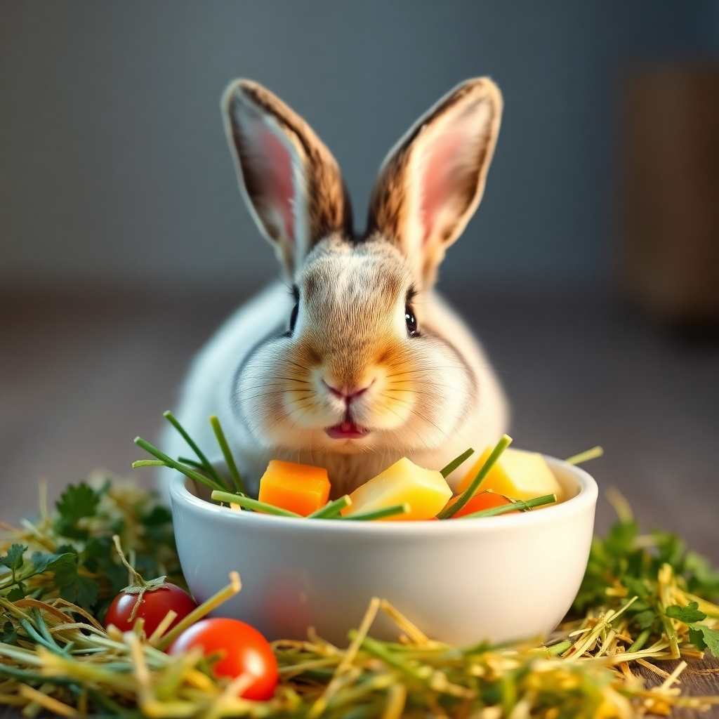 Photorealistic image of a bunny happily eating fresh hay and vegetables in a clean bowl. The image should highlight the freshness and quality of the food. Lighting should be soft and natural. Color palette should be vibrant and natural. Camera angle should be slightly low, showing the bunny from its perspective. The textures of hay, vegetables and fur should be highly realistic. Style references include detailed close-up shots of food, animal photography, and lifestyle images. Technical specifications: 4K, photorealistic