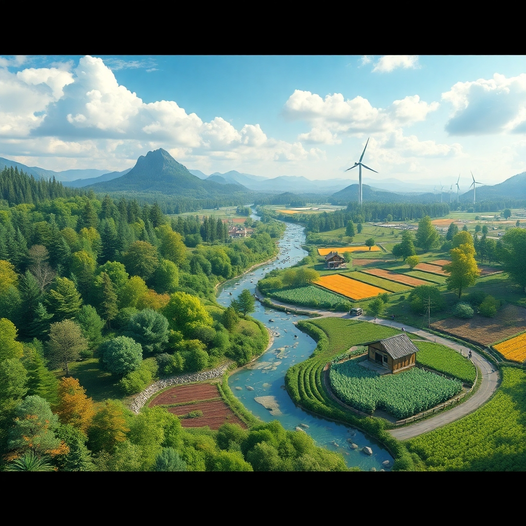 Photorealistic image of a diverse, healthy ecosystem alongside modern agricultural practices.  Include elements like thriving forests, clean waterways, efficient farming, and renewable energy.  Use a wide shot to emphasize the scale of the positive environmental impact.  Aim for 4K resolution, with a style that is both informative and inspiring. Include subtle branding elements.
