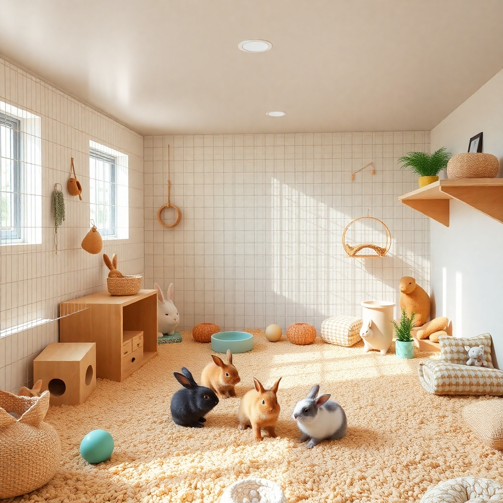 Photorealistic image of a well-designed bunny habitat, featuring a spacious enclosure, suitable bedding, toys, and enrichment options. The image needs to highlight the spaciousness and cleanliness of the habitat. Lighting conditions should be bright and natural. The color palette should include pastel colors and natural tones. Camera angle should be slightly elevated, to show the entirety of the enclosure. The image needs to convey a sense of care and well-being. Style references include interior design and pet photography. Technical specifications: 4K, photorealistic