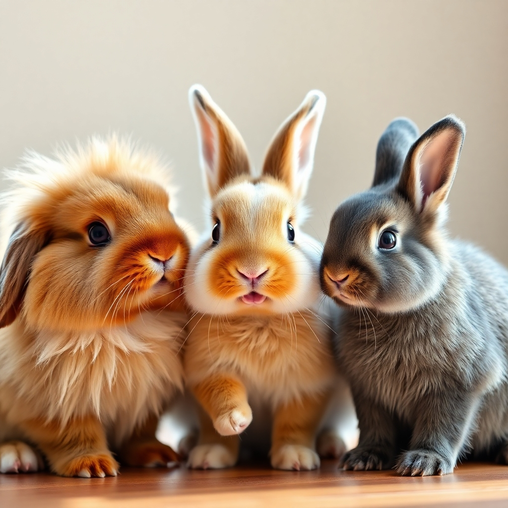 Photorealistic image of three adorable bunnies of different breeds: a Lionhead, a Netherland Dwarf, and a Rex, interacting playfully in a soft, natural light setting.  Focus on the unique textures of their fur and expressive eyes.  Use a shallow depth of field to blur the background and emphasize the bunnies.  The colors should be vibrant and cheerful, capturing their playful energy.  Style should mimic high-quality pet photography.