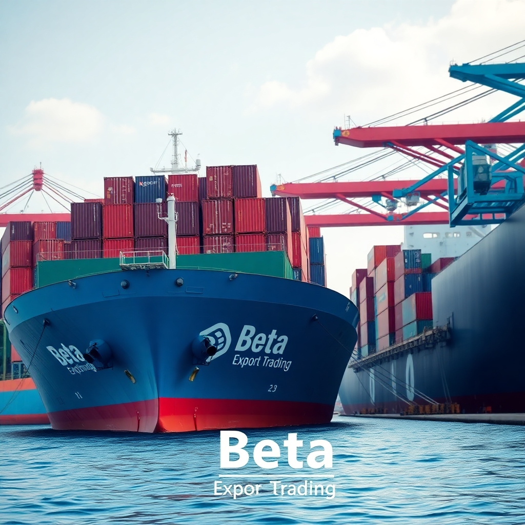 Photorealistic image showing containers being loaded onto ships for export. The image should emphasize global trade and the transportation of goods.  The image should include the Beta Export Trading logo in a subtle way. Aim for 4K resolution, using vibrant colors and a sense of movement. The image style should evoke a feeling of globalization and efficiency.