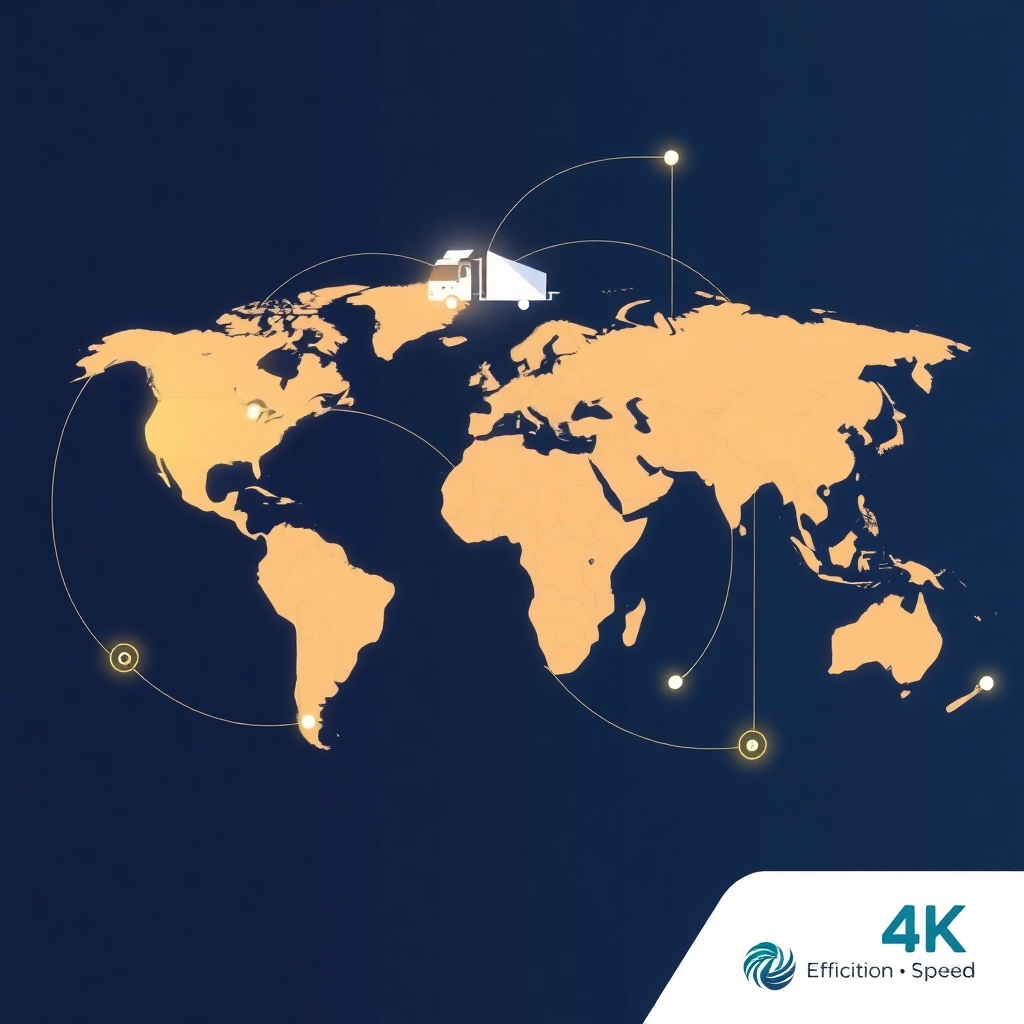 Stylized image illustrating global logistics and efficient transportation networks connected to diverse agricultural regions. The style should be abstract, using lines and connections to illustrate the global reach of our services. Aim for a 4K resolution, with a color palette that emphasizes efficiency and connectivity. The overall message is efficiency, quality and speed. Include subtle branding elements.