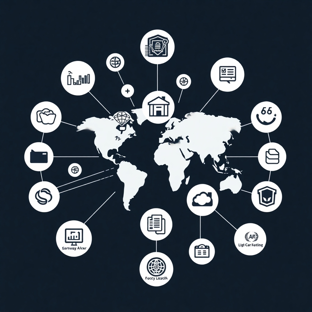 Stylized image using interconnected icons and graphics to illustrate partnerships with various global organizations and initiatives.  The style should be modern and sophisticated. Aim for a 4K resolution and a clean, professional design. Include subtle branding elements.